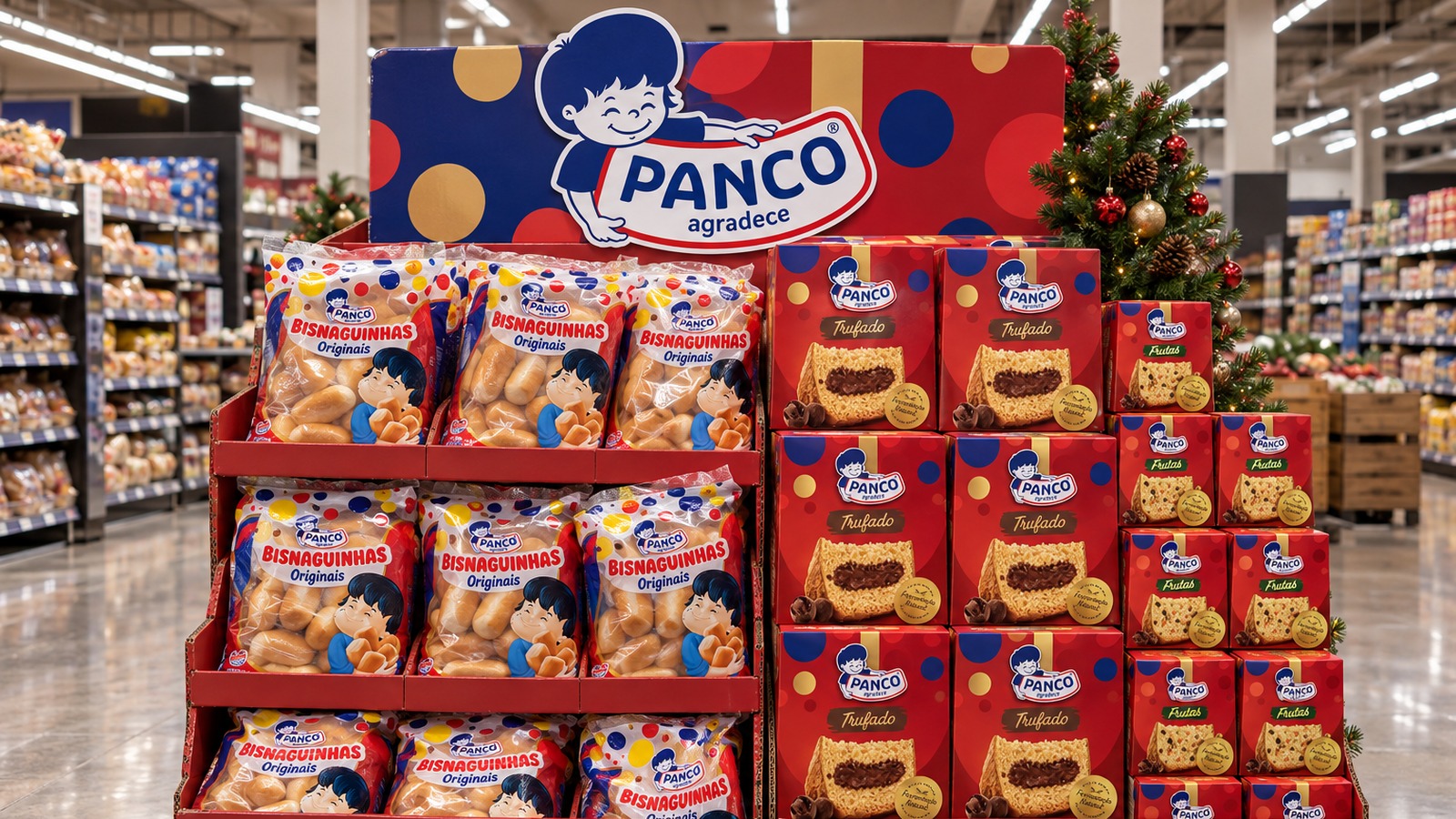Ilha de supermercado com Bisnaguinhas Panco de um lado e panetones Panco do outro, com árvore de Natal