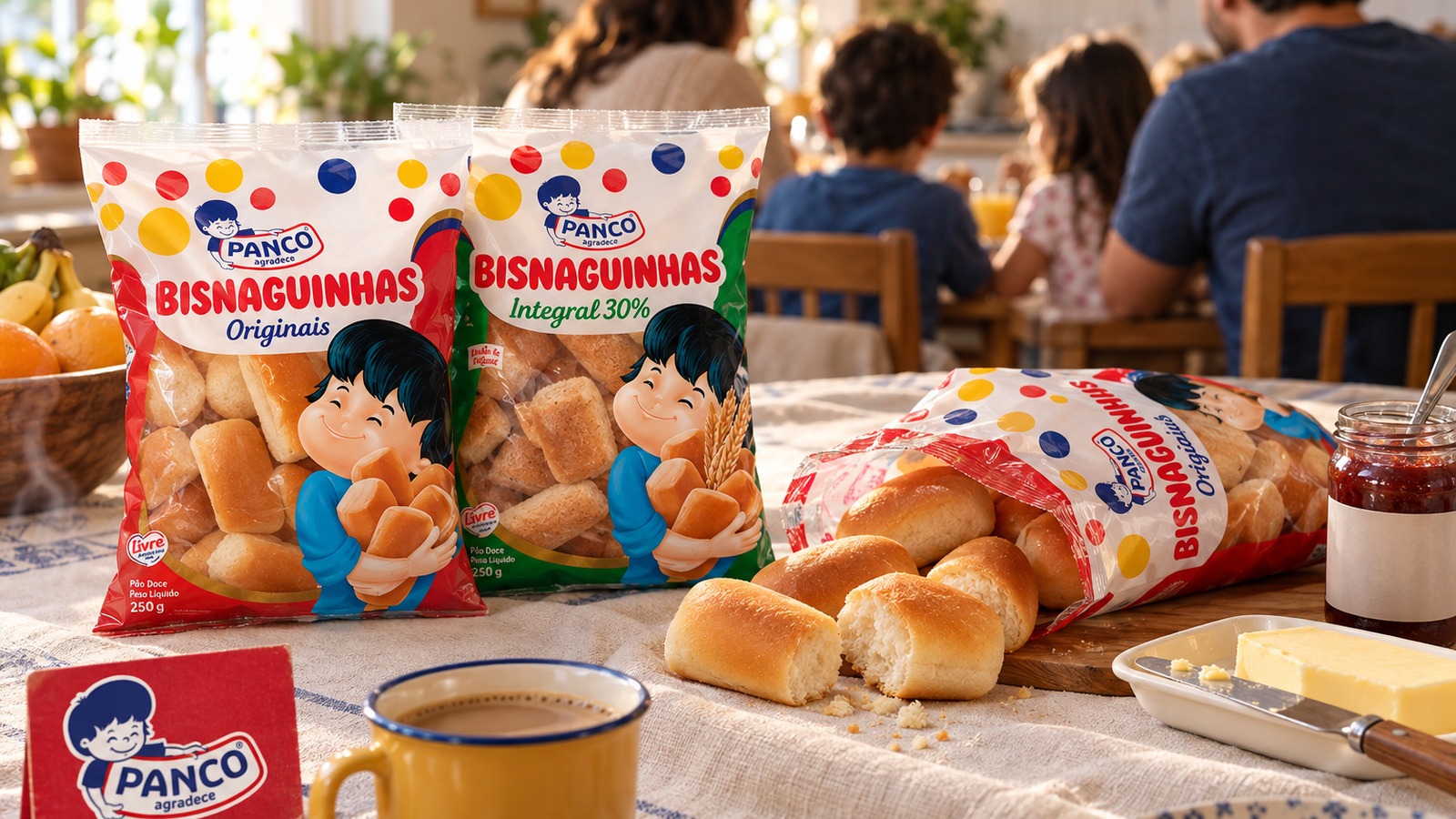 Mesa de café da manhã em família com Bisnaguinhas Panco, café e manteiga