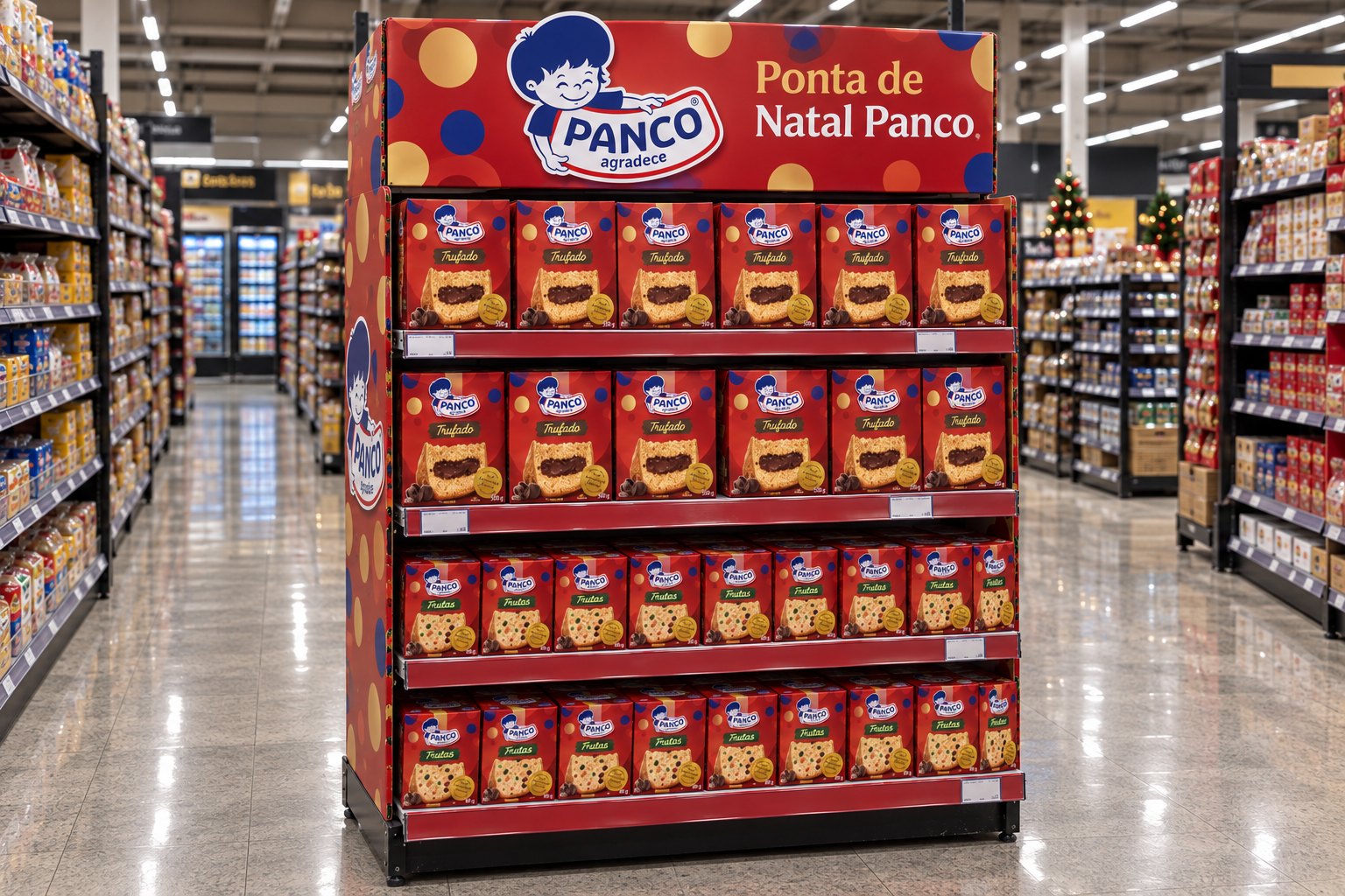 Ponta de Natal Panco no corredor de um supermercado, só com caixas de panetone Trufado 550 g e mini Frutas 80 g
