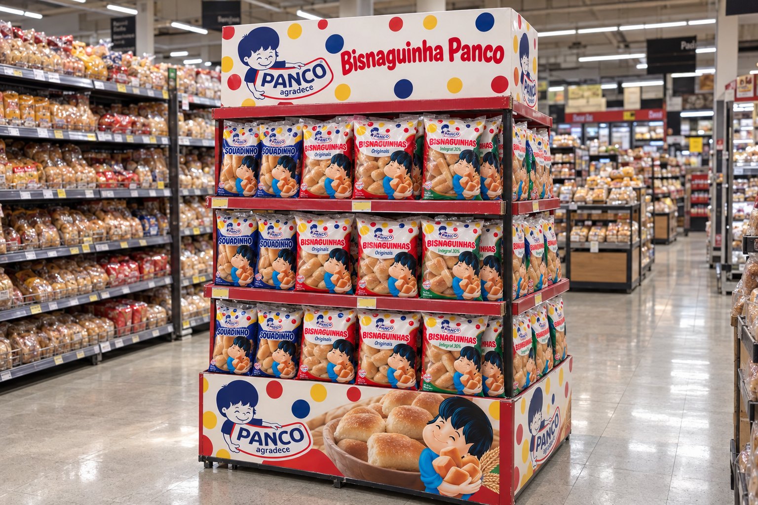 Ilha de supermercado só com pacotes de Bisnaguinha Panco